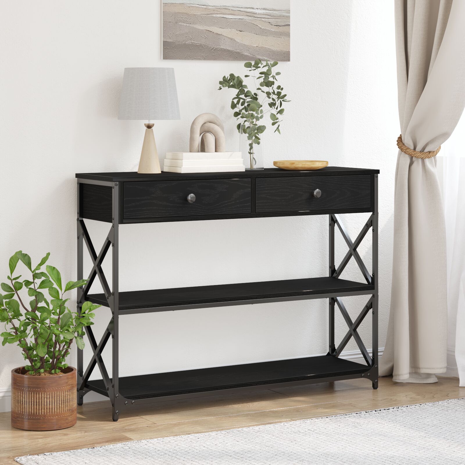 vidaXL Konsolentisch Schwarze Eiche 100x28x75 cm aus Holzwerkstoff und Stahl