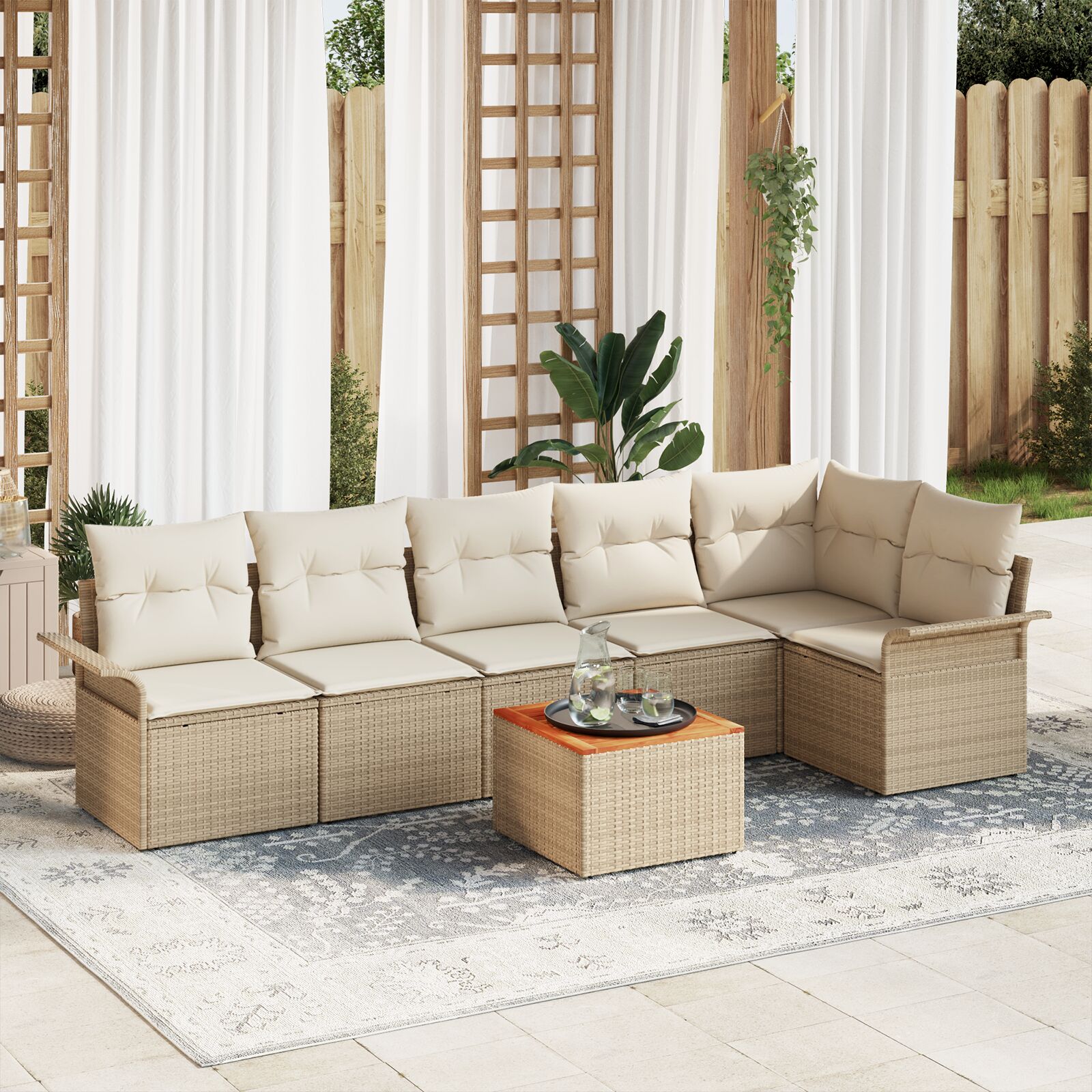 7-teiliges Garten Sofaset mit Kissen Beige Poly Rattan Akazie 7-teiliges Garten Sofaset mit Kissen Beige Poly Rattan Akazie