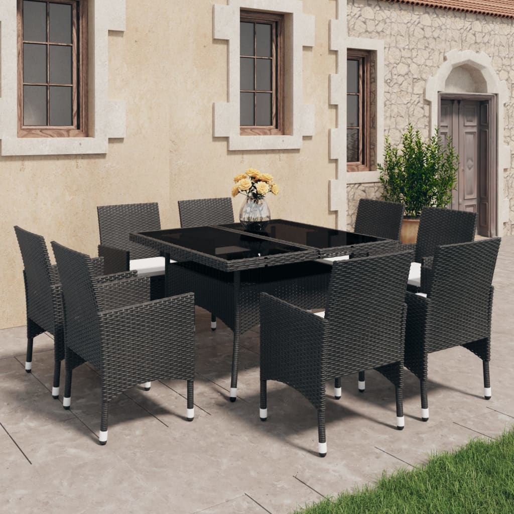 9-tlg. Garten-Essgruppe Poly Rattan und Glas Schwarz 9-tlg. Garten-Essgruppe Poly Rattan und Glas Schwarz