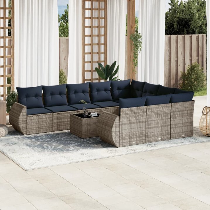11-teiliges Gartensofa-Set mit Kissen, grau, Polyrattan 11-teiliges Gartensofa-Set mit Kissen, grau, Polyrattan