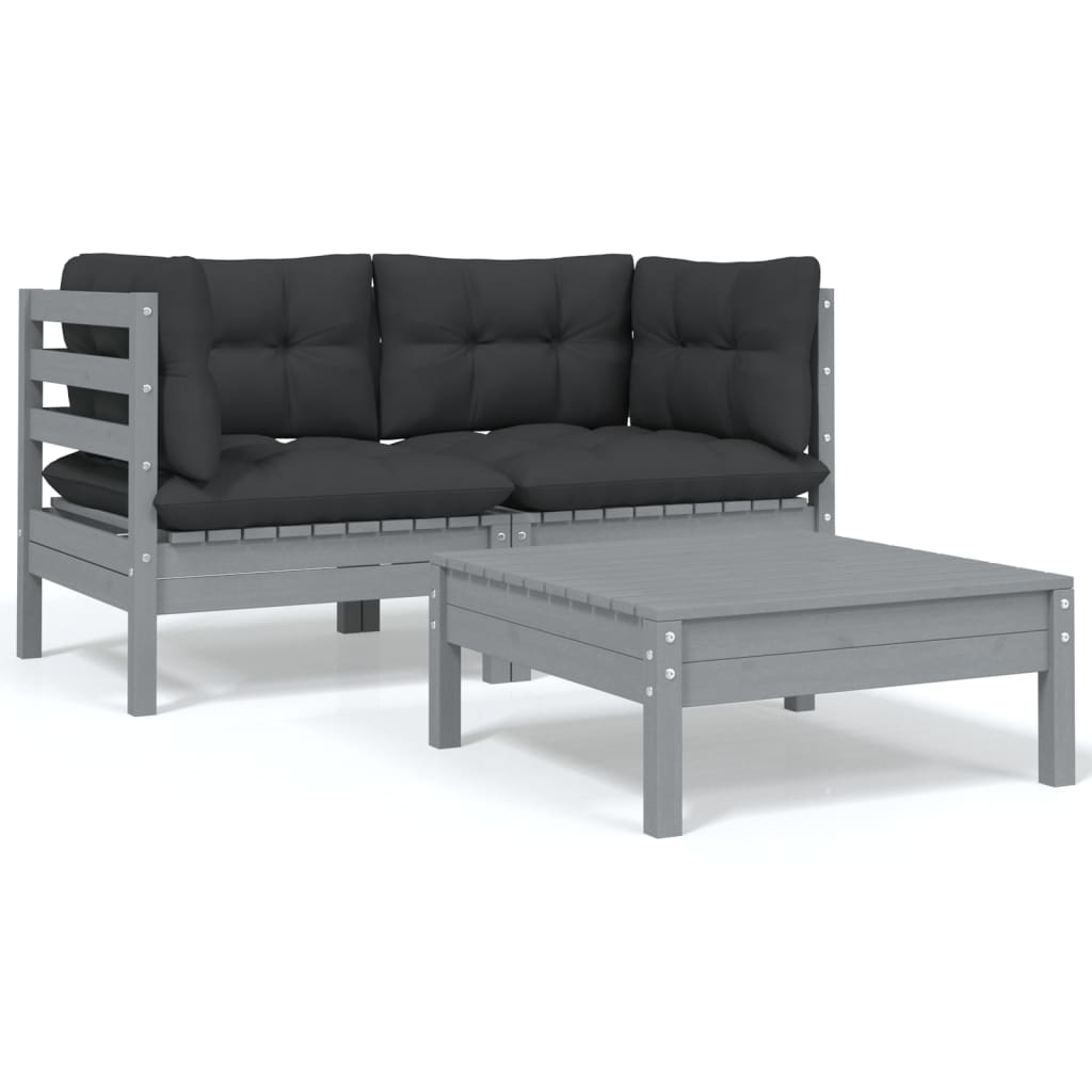 3-tlg. Garten-Lounge-Set mit Kissen Grau Kiefer Massivholz 3-tlg. Garten-Lounge-Set mit Kissen Grau Kiefer Massivholz