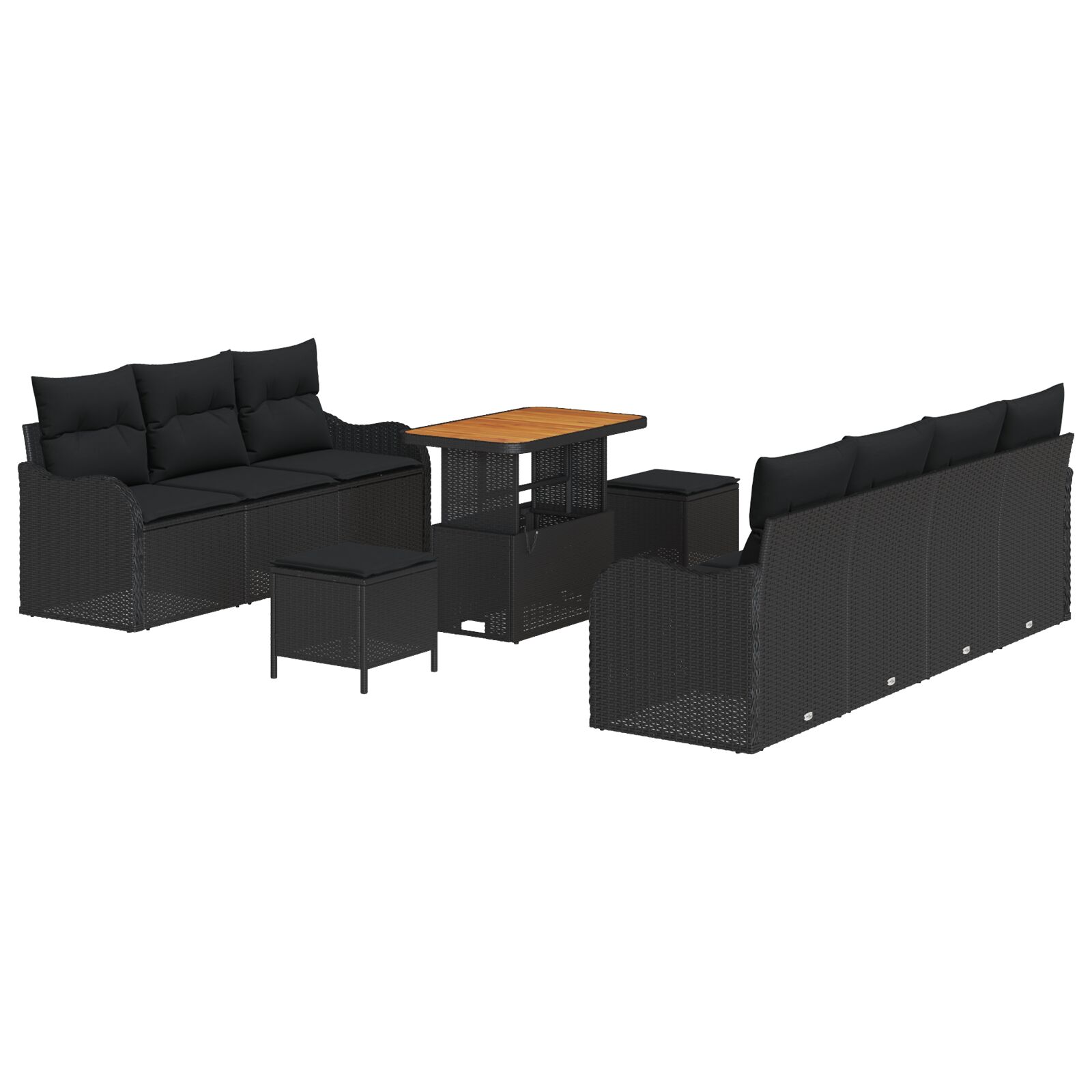 10-teiliges Garten Sofa Set mit Kissen Schwarz Poly-Rattan Akazie, 2-Sitzer Garten Sofa mit Stauraum & Kissen Schwarz Poly-Rattan, 3-teiliges Garten Ess-Set mit Kissen Schwarz Poly-Rattan Akazie