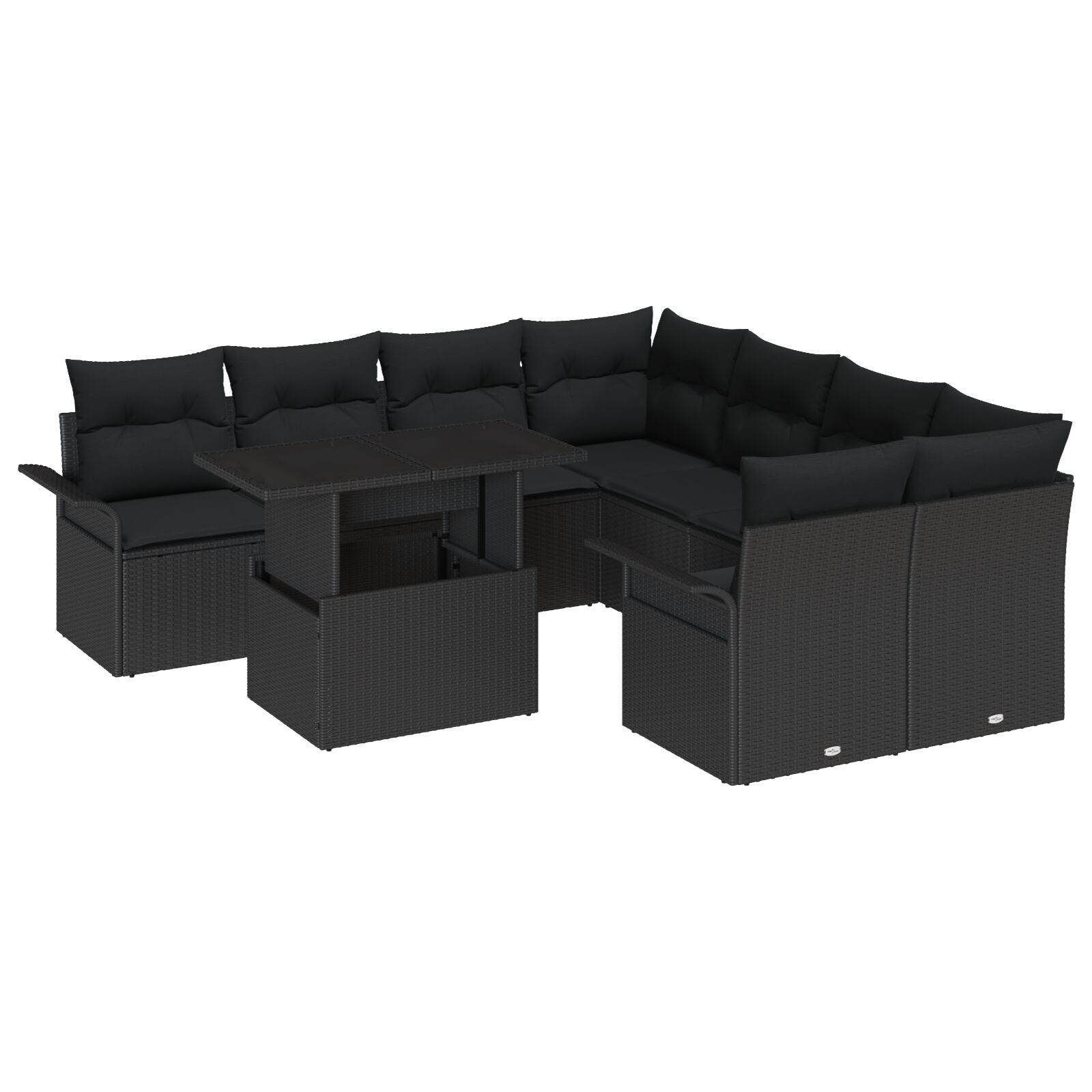 9-teiliges Garten Sofa Set mit Kissen Schwarz Poly Rattan, 2-Sitzer Garten Sofa mit Stauraum und Kissen Schwarz Poly Rattan