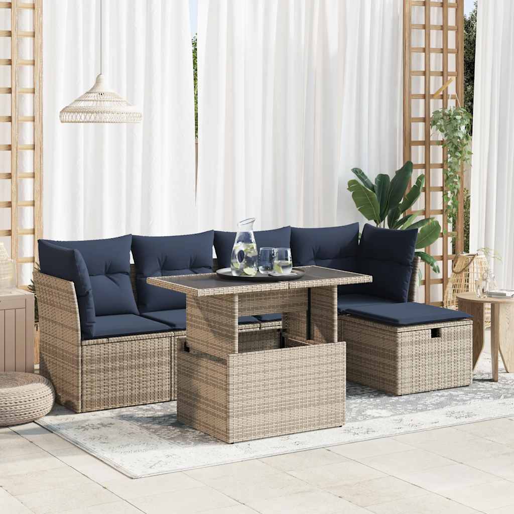 6-tlg. Garten-Sofagarnitur mit Kissen Grau Poly Rattan Akazie 6-tlg. Garten-Sofagarnitur mit Kissen Grau Poly Rattan Akazie