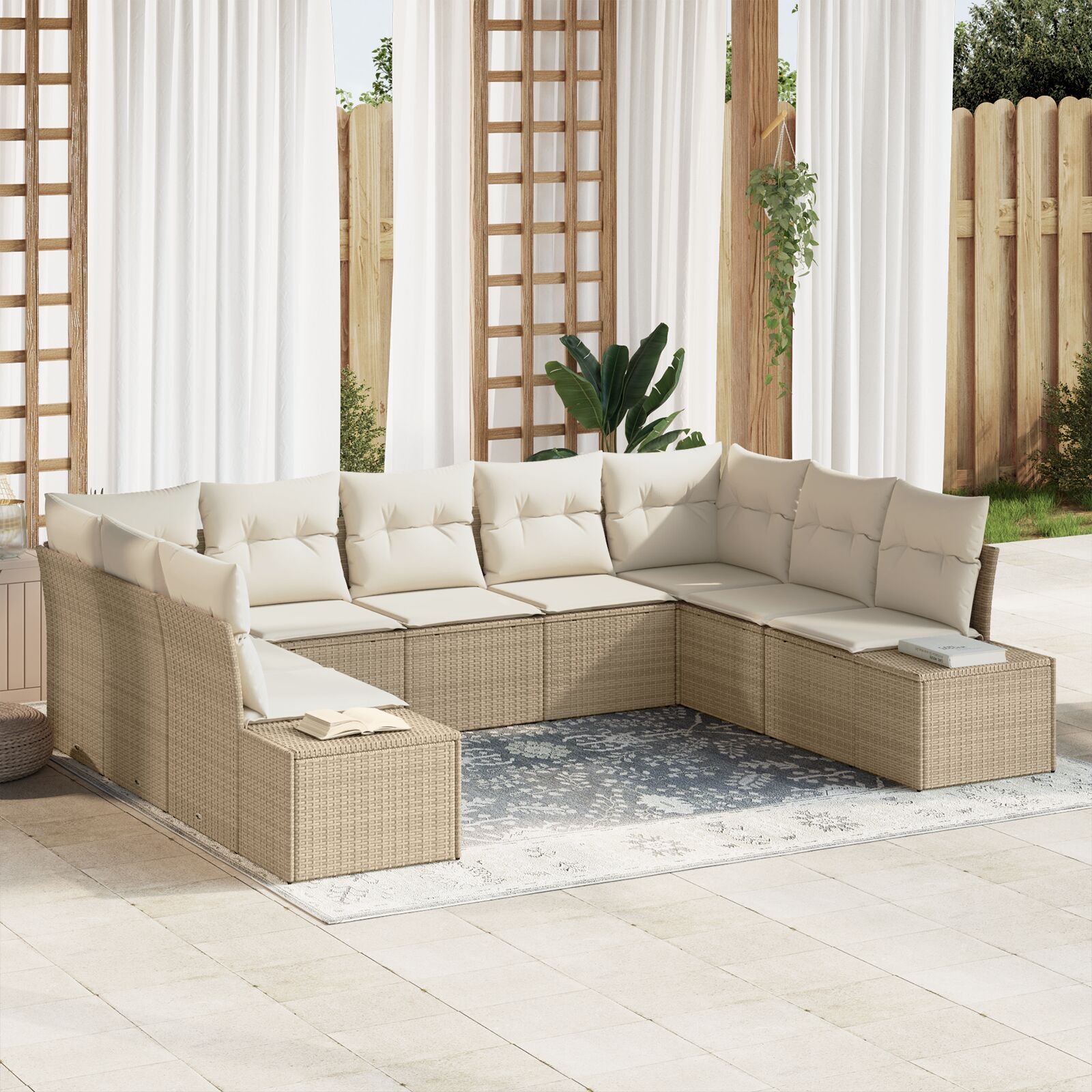 9-teiliges Garten Sofa Set mit Kissen Beige Poly Rattan