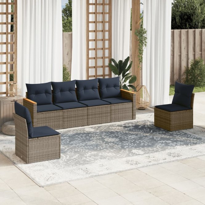 6-teiliges Gartensofa-Set mit Kissen, grau, Polyrattan 6-teiliges Gartensofa-Set mit Kissen, grau, Polyrattan