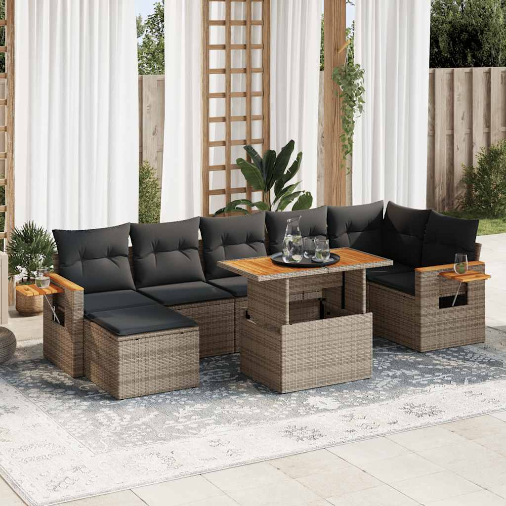 8-tlg. Garten-Sofagarnitur mit Kissen Grau Poly Rattan Akazie 8-tlg. Garten-Sofagarnitur mit Kissen Grau Poly Rattan Akazie