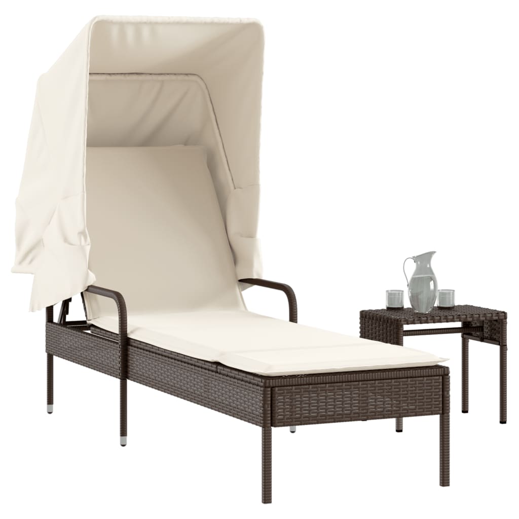 Sonnenliege mit Dach und Tisch Braun Poly Rattan Sonnenliege mit Dach und Tisch Braun Poly Rattan