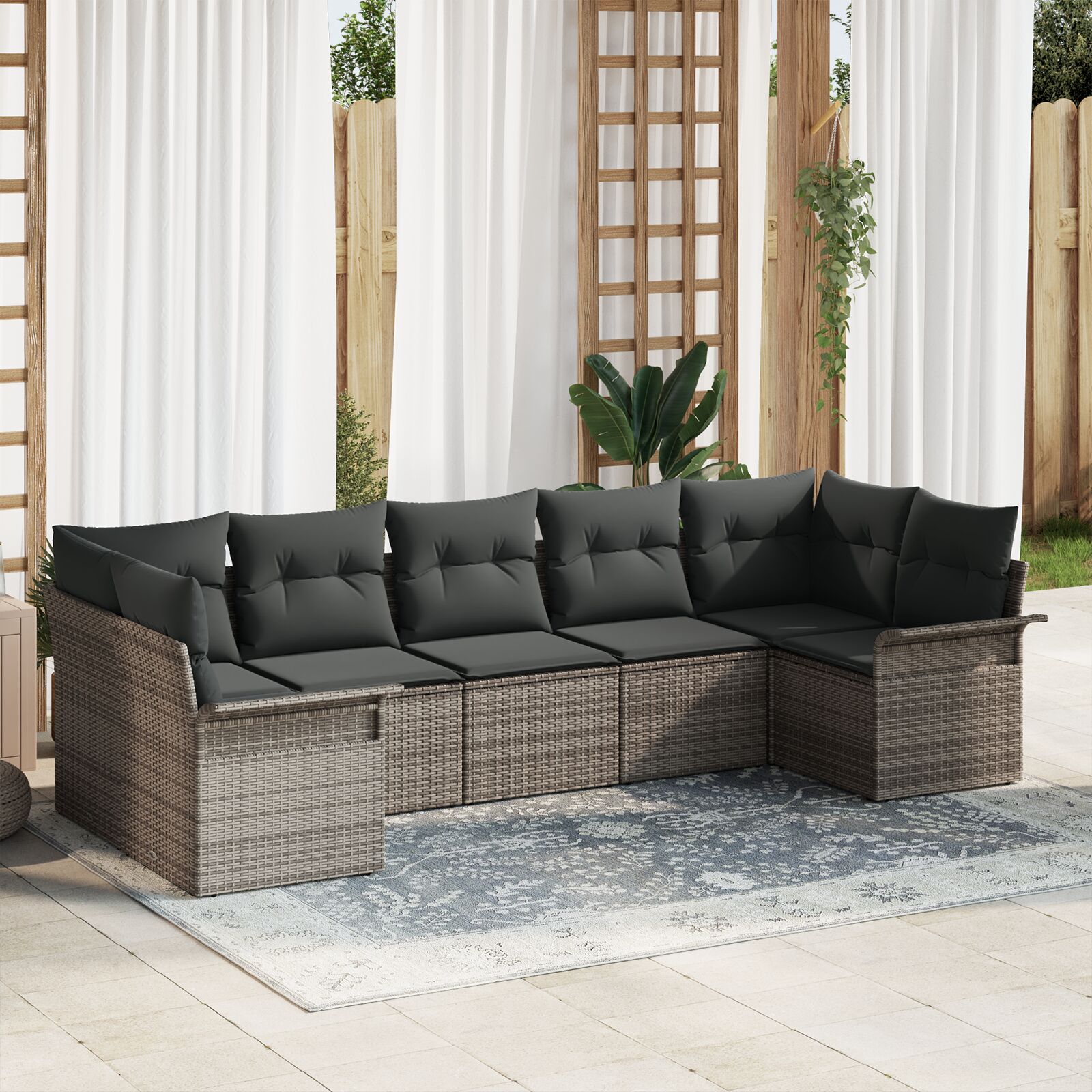 7-teiliges Garten Sofa Set mit Kissen Grau Poly Rattan 7-teiliges Garten Sofa Set mit Kissen Grau Poly Rattan