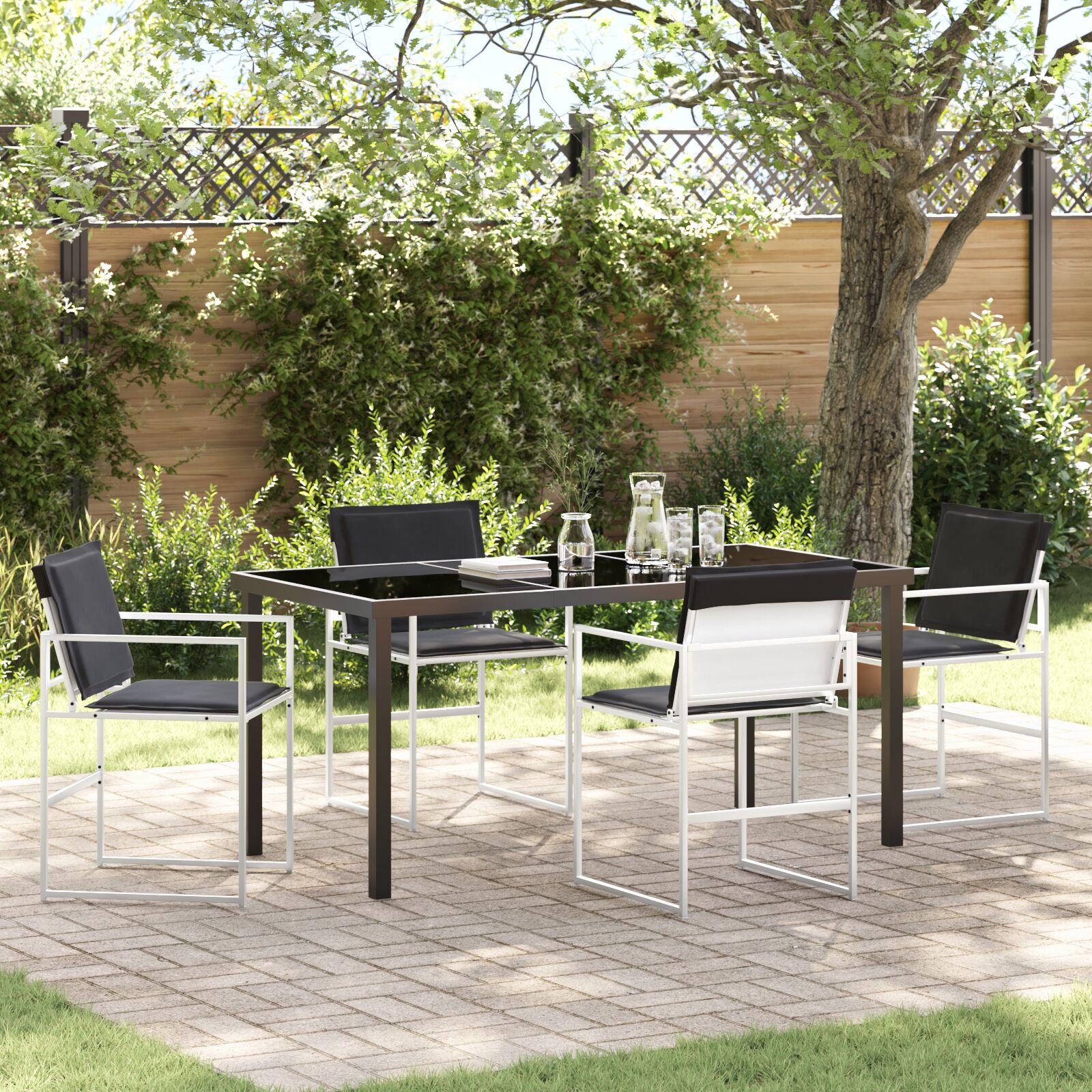 5-teiliges Garten-Ess-Set mit Kissen, Weiß, Textilene und Stahl