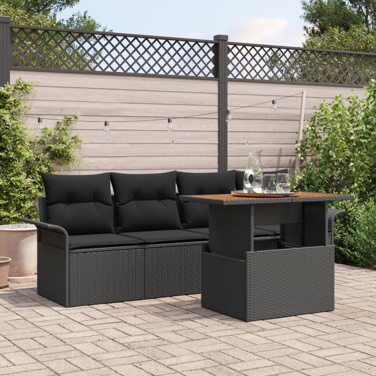 5-teiliges Garten Sofaset mit Kissen Schwarz Poly Rattan Akazie