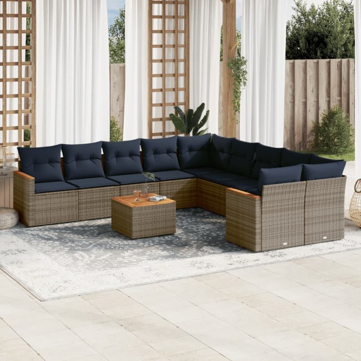 11-teiliges Gartensofa-Set mit Kissen, grau, Polyrattan 11-teiliges Gartensofa-Set mit Kissen, grau, Polyrattan