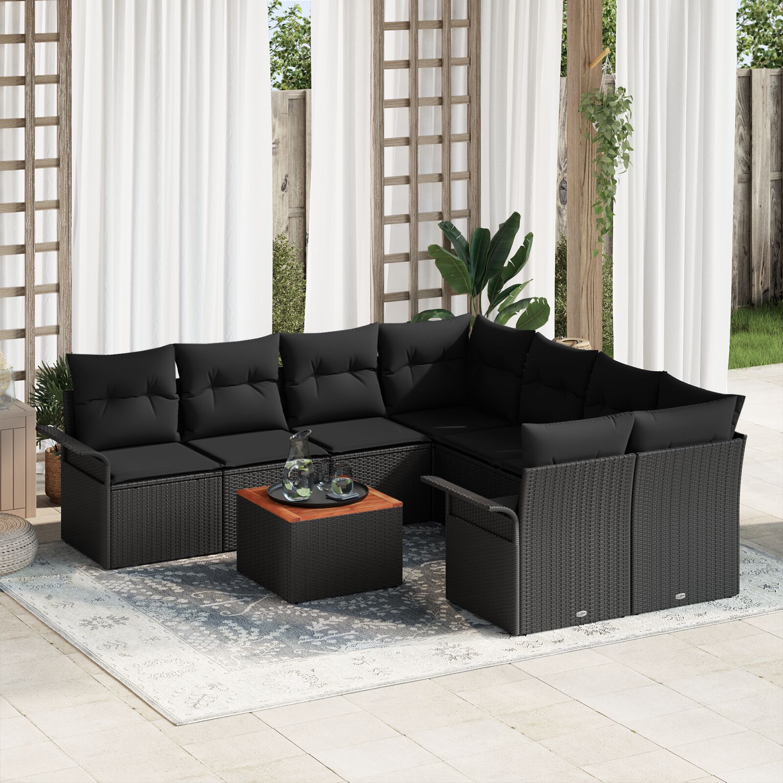 9-teiliges Garten Sofa Set mit Kissen Schwarz Poly Rattan Akazie