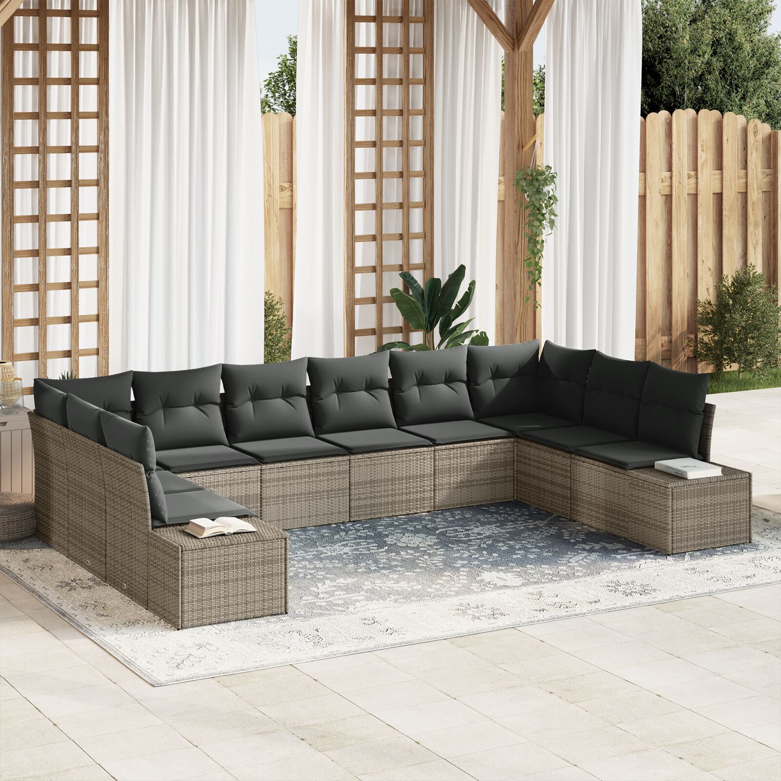 10-teiliges Garten-Sofa-Set mit Kissen Grau Poly-Rattan