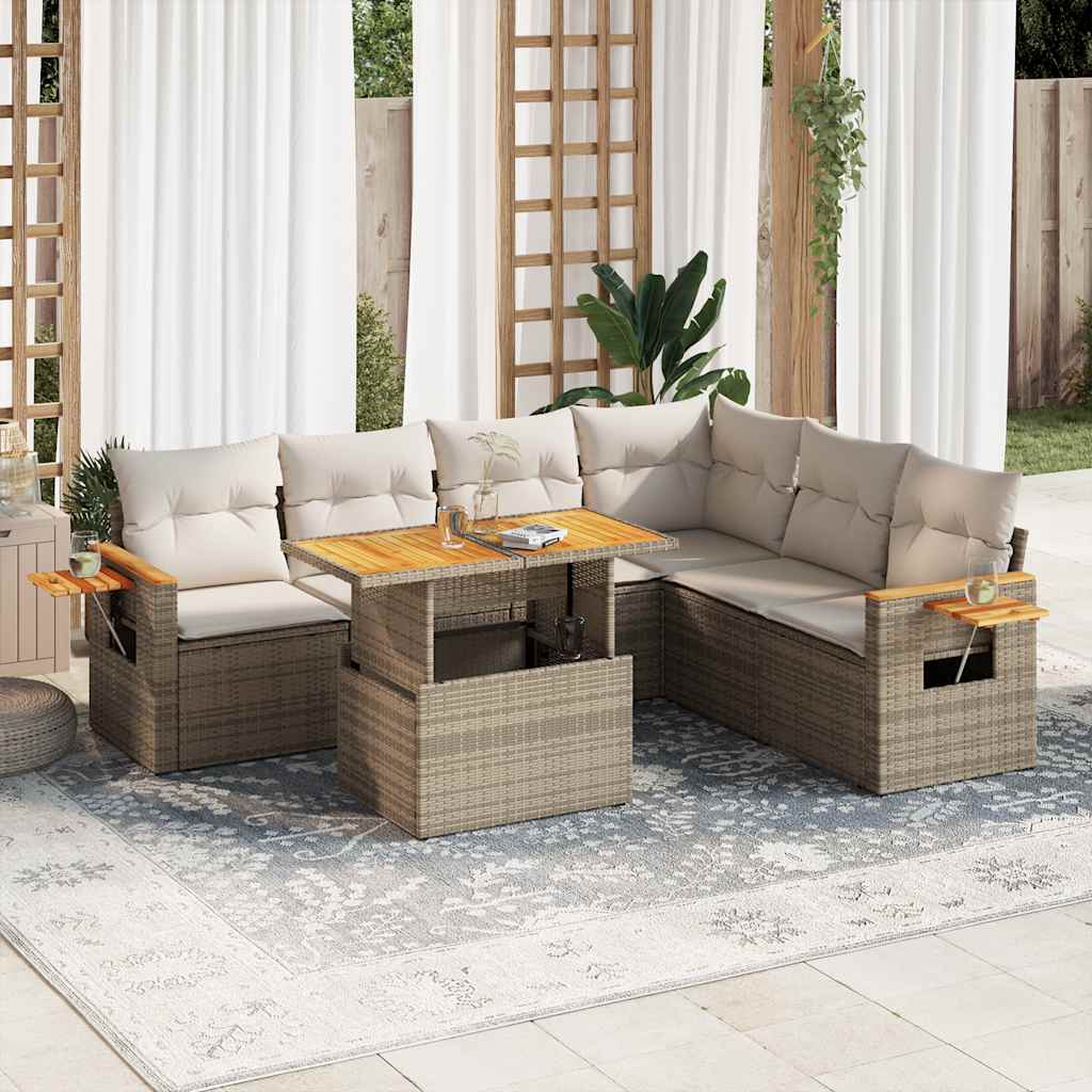 6-tlg. Garten-Sofagarnitur mit Kissen Beige Poly Rattan Akazie 6-tlg. Garten-Sofagarnitur mit Kissen Beige Poly Rattan Akazie