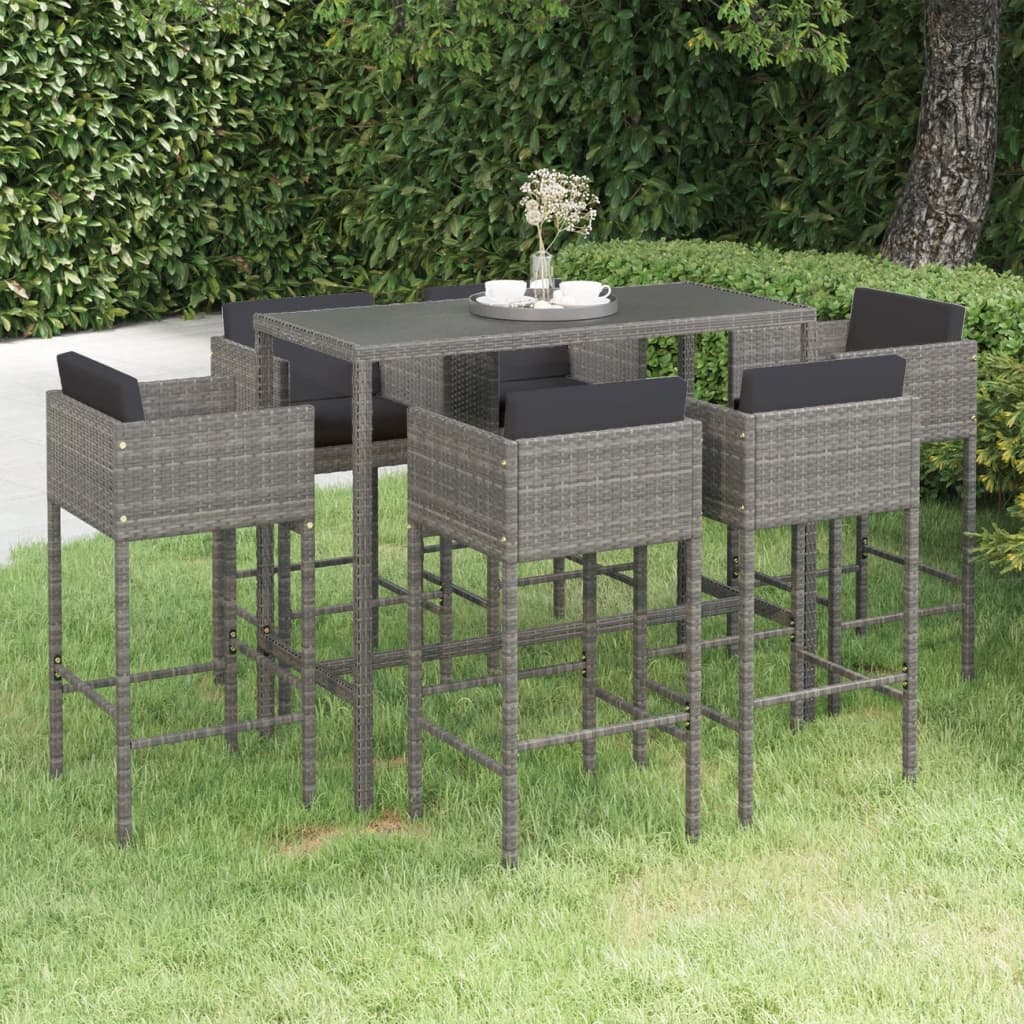 7-tlg. Gartenbar-Set mit Kissen Poly Rattan Grau 7-tlg. Gartenbar-Set mit Kissen Poly Rattan Grau