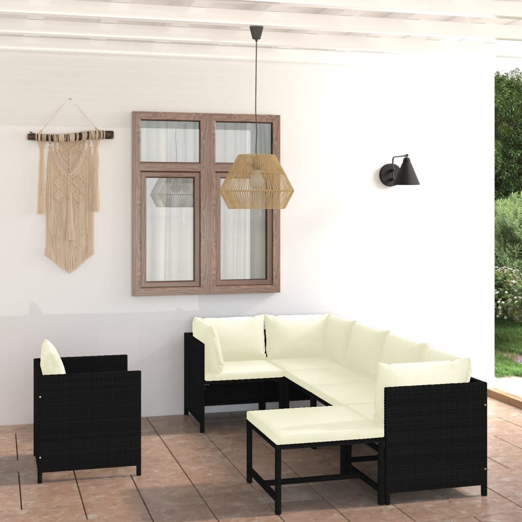 7-tlg. Garten-Lounge-Set mit Kissen Poly Rattan Schwarz 7-tlg. Garten-Lounge-Set mit Kissen Poly Rattan Schwarz