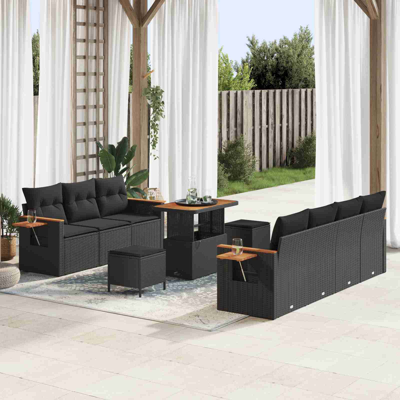 10-teiliges Garten Sofa Set mit Kissen Schwarz Poly Rattan Akazie