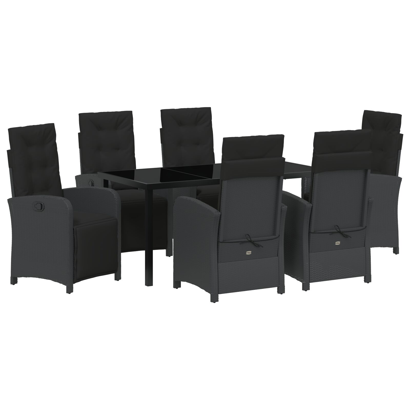 7-teilige Garten Essgruppe mit Kissen Schwarz Poly Rattan, Gartentisch Schwarz 160x80x73 cm Tempered Glass