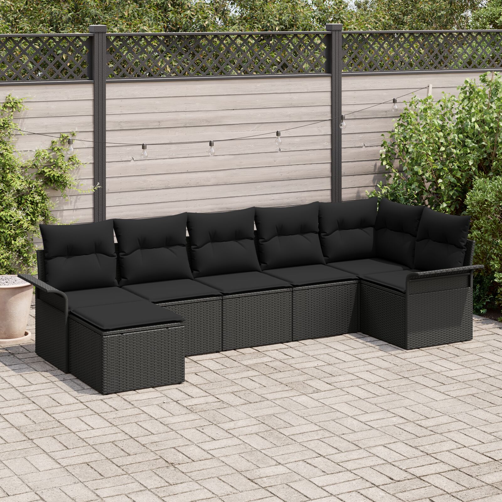 7-teiliges Garten Sofa Set mit Kissen Schwarz Poly Rattan 7-teiliges Garten Sofa Set mit Kissen Schwarz Poly Rattan