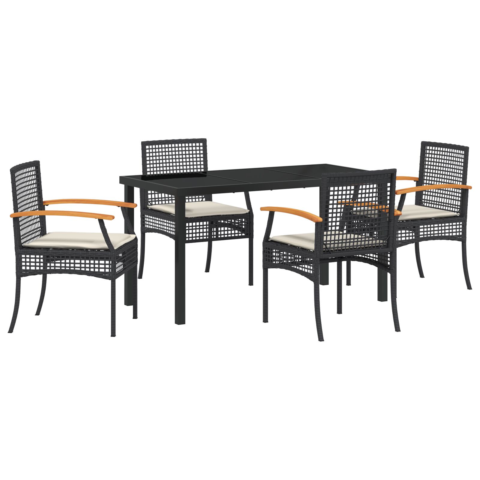 5-teiliges Garten-Ess-Set mit Kissen Schwarzes Poly-Rattan