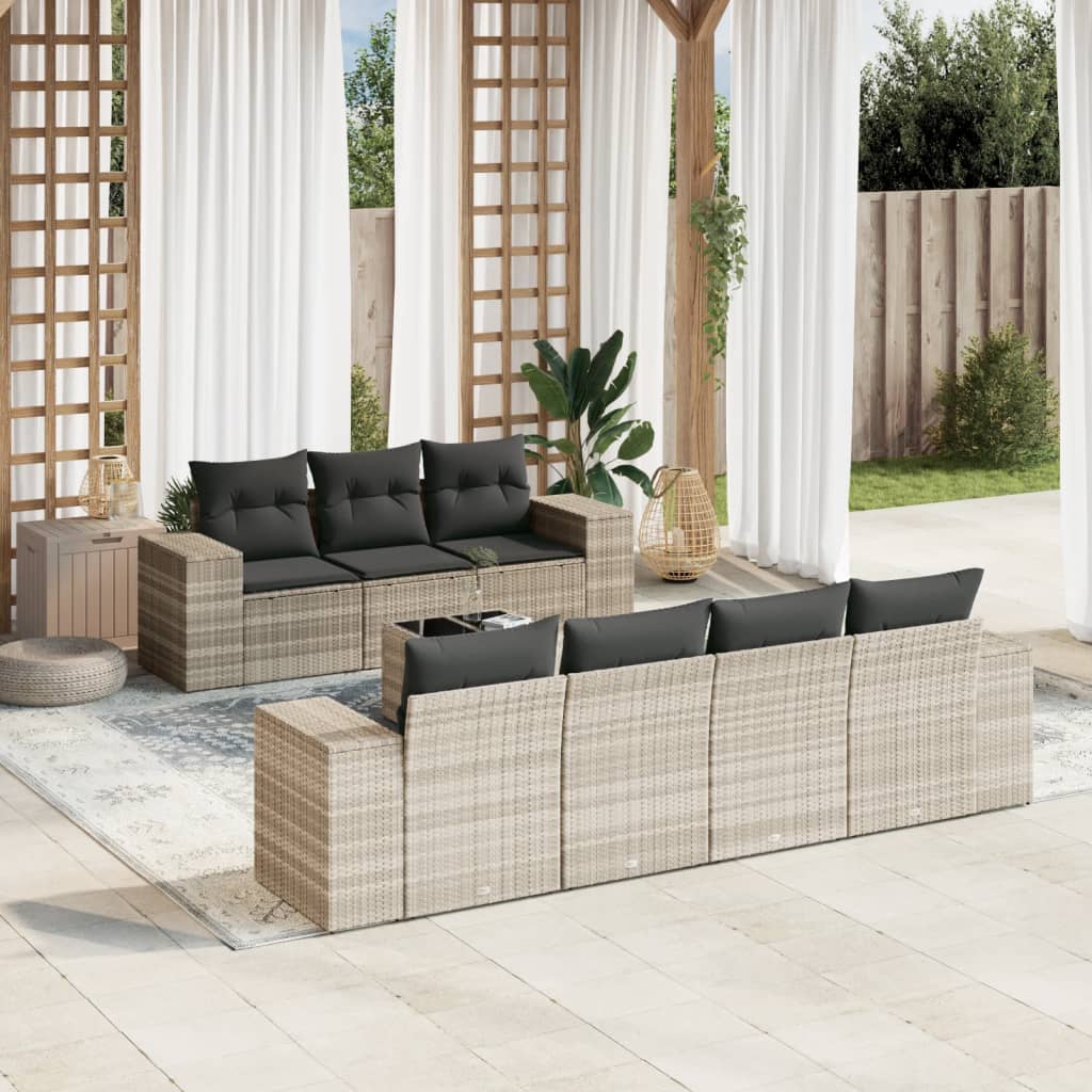 8-tlg. Garten-Sofagarnitur mit Kissen Hellgrau Poly Rattan 8-tlg. Garten-Sofagarnitur mit Kissen Hellgrau Poly Rattan