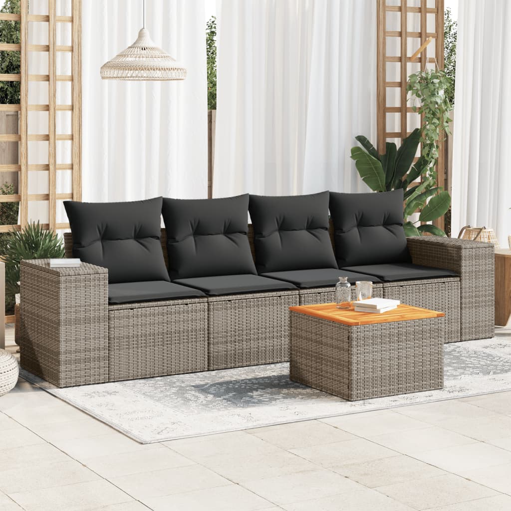 5-tlg. Garten-Sofagarnitur mit Kissen Grau Poly Rattan 5-tlg. Garten-Sofagarnitur mit Kissen Grau Poly Rattan