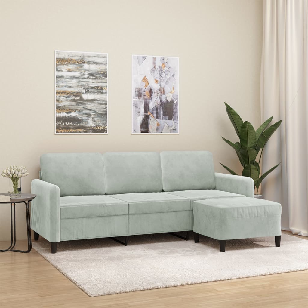 3-Sitzer-Sofa mit Hocker Hellgrau 180 cm Samt 3-Sitzer-Sofa mit Hocker Hellgrau 180 cm Samt