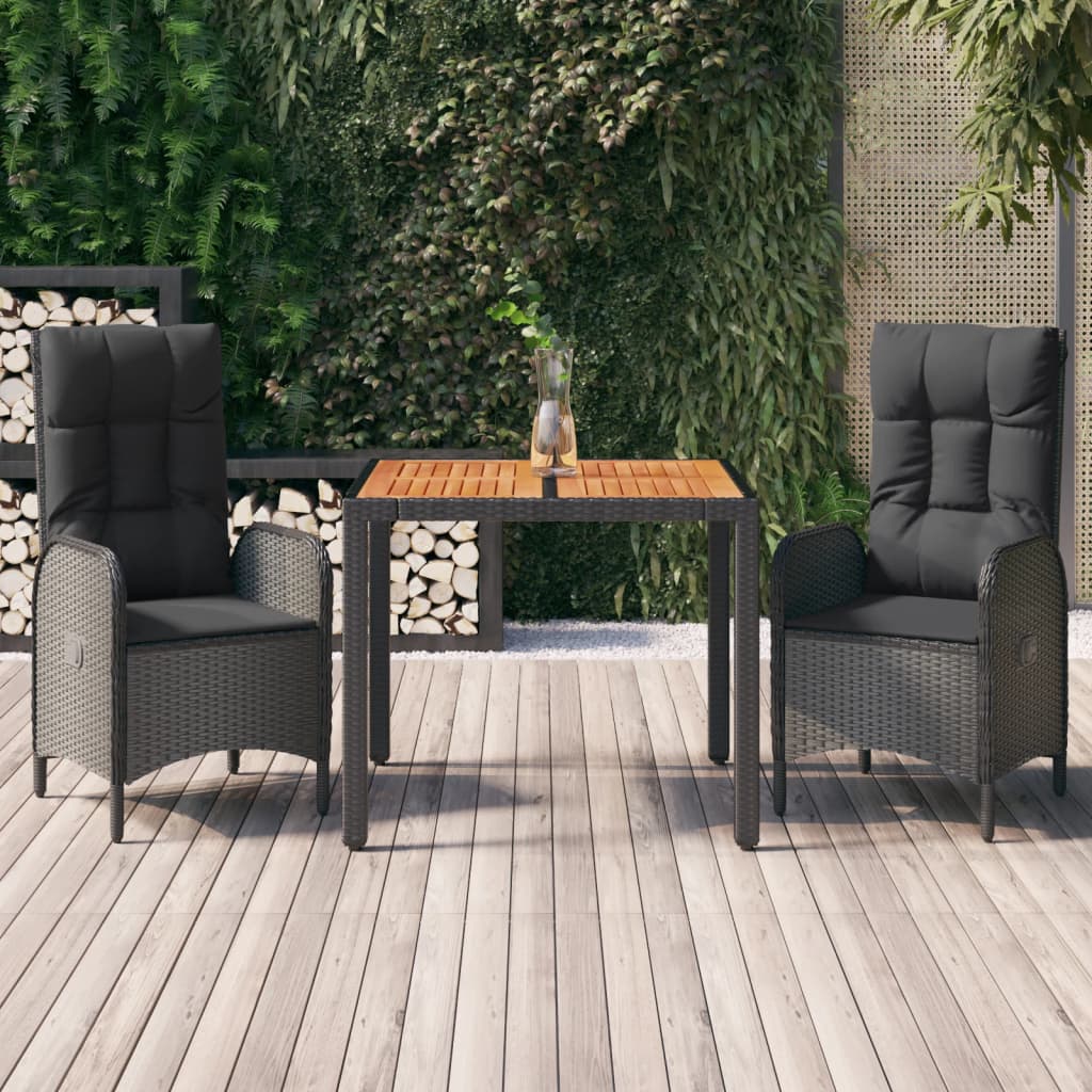 3-tlg. Garten-Essgruppe mit Kissen Schwarz Poly Rattan 3-tlg. Garten-Essgruppe mit Kissen Schwarz Poly Rattan