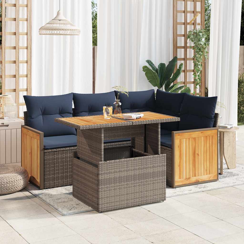 5-tlg. Garten-Sofagarnitur mit Kissen Grau Poly Rattan Akazie 5-tlg. Garten-Sofagarnitur mit Kissen Grau Poly Rattan Akazie