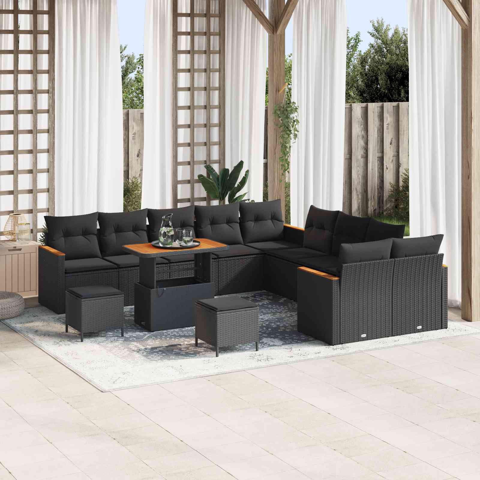 13-teilige Garten Sofa Set mit Kissen Schwarz Poly Rattan Akazie