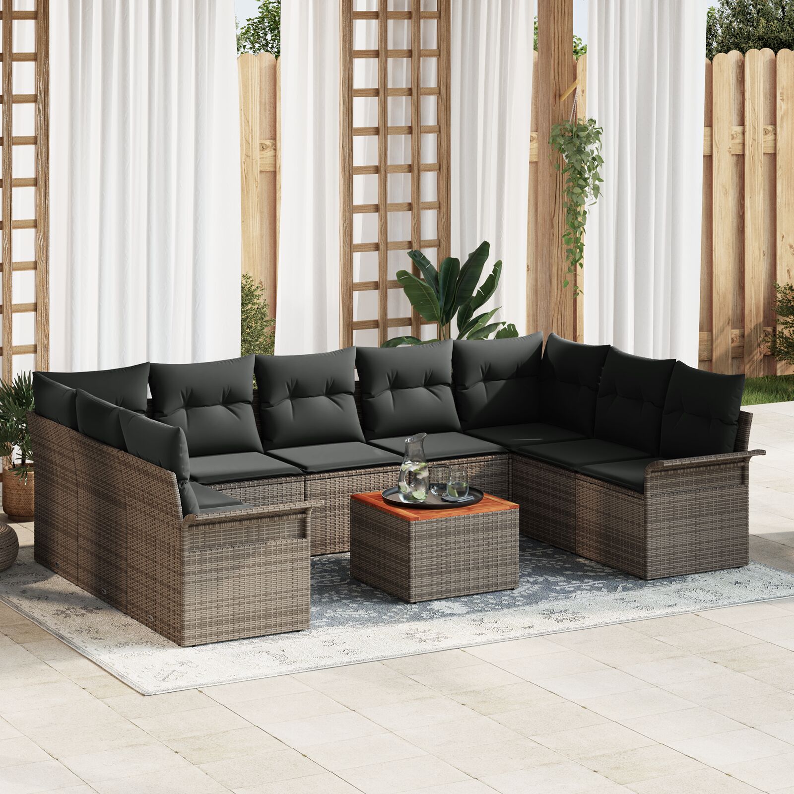 10-teiliges Garten Sofa Set mit Kissen Grau Poly Rattan Akazie 10-teiliges Garten Sofa Set mit Kissen Grau Poly Rattan Akazie