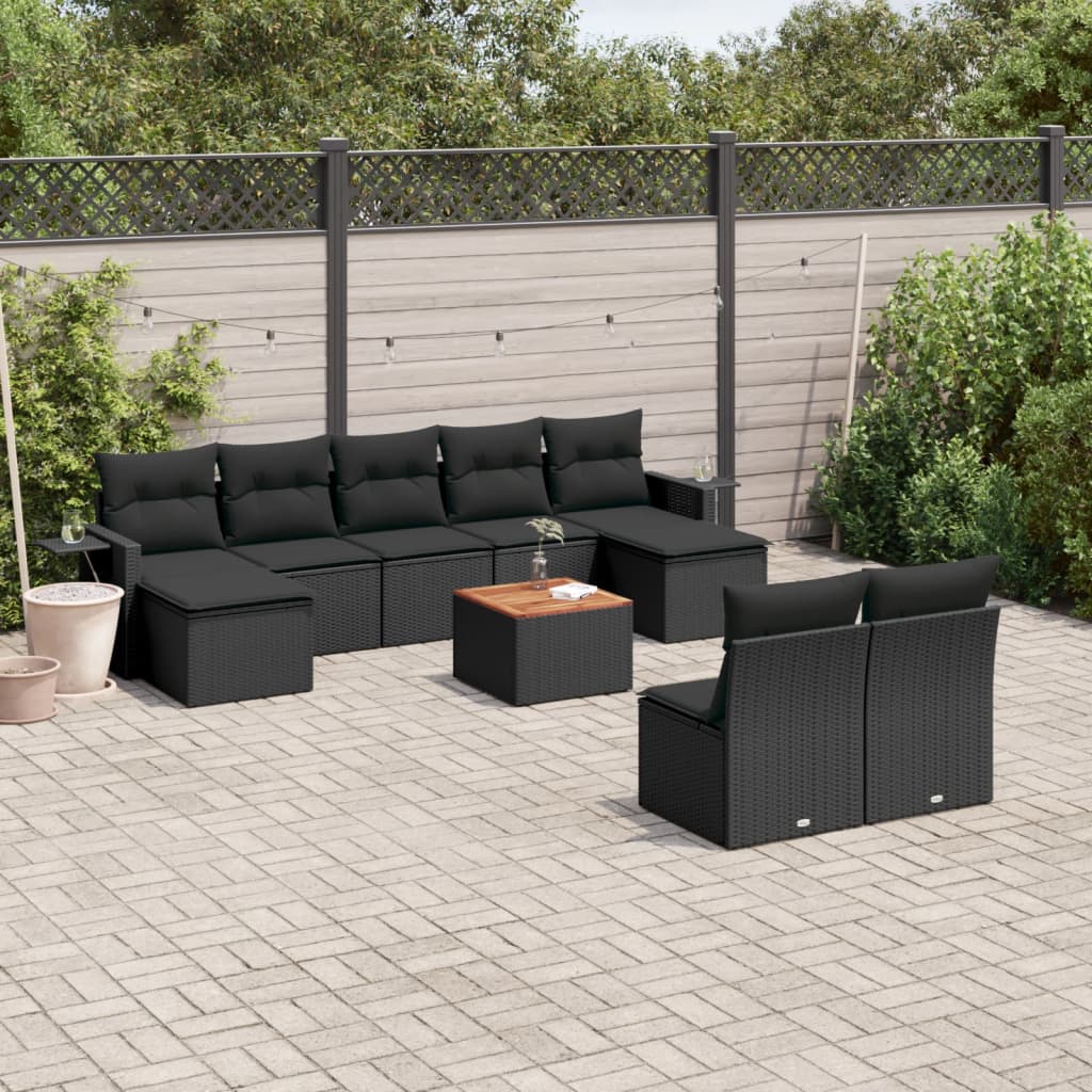 10-tlg. Garten-Sofagarnitur mit Kissen Schwarz Poly Rattan 10-tlg. Garten-Sofagarnitur mit Kissen Schwarz Poly Rattan