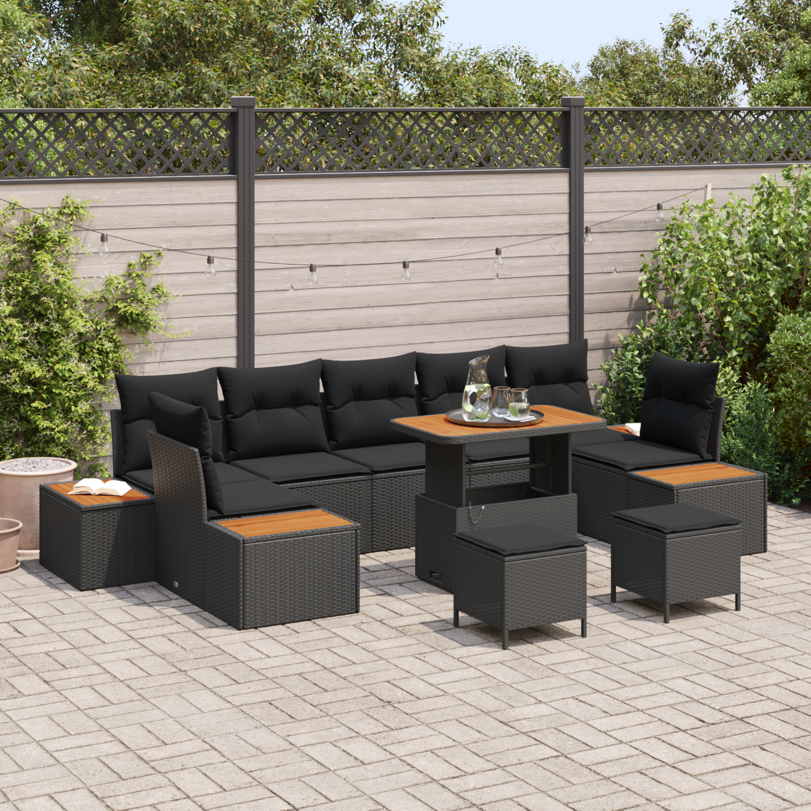 10-teiliges Garten-Sofaset mit Kissen, schwarzes Poly-Rattan, Akazie