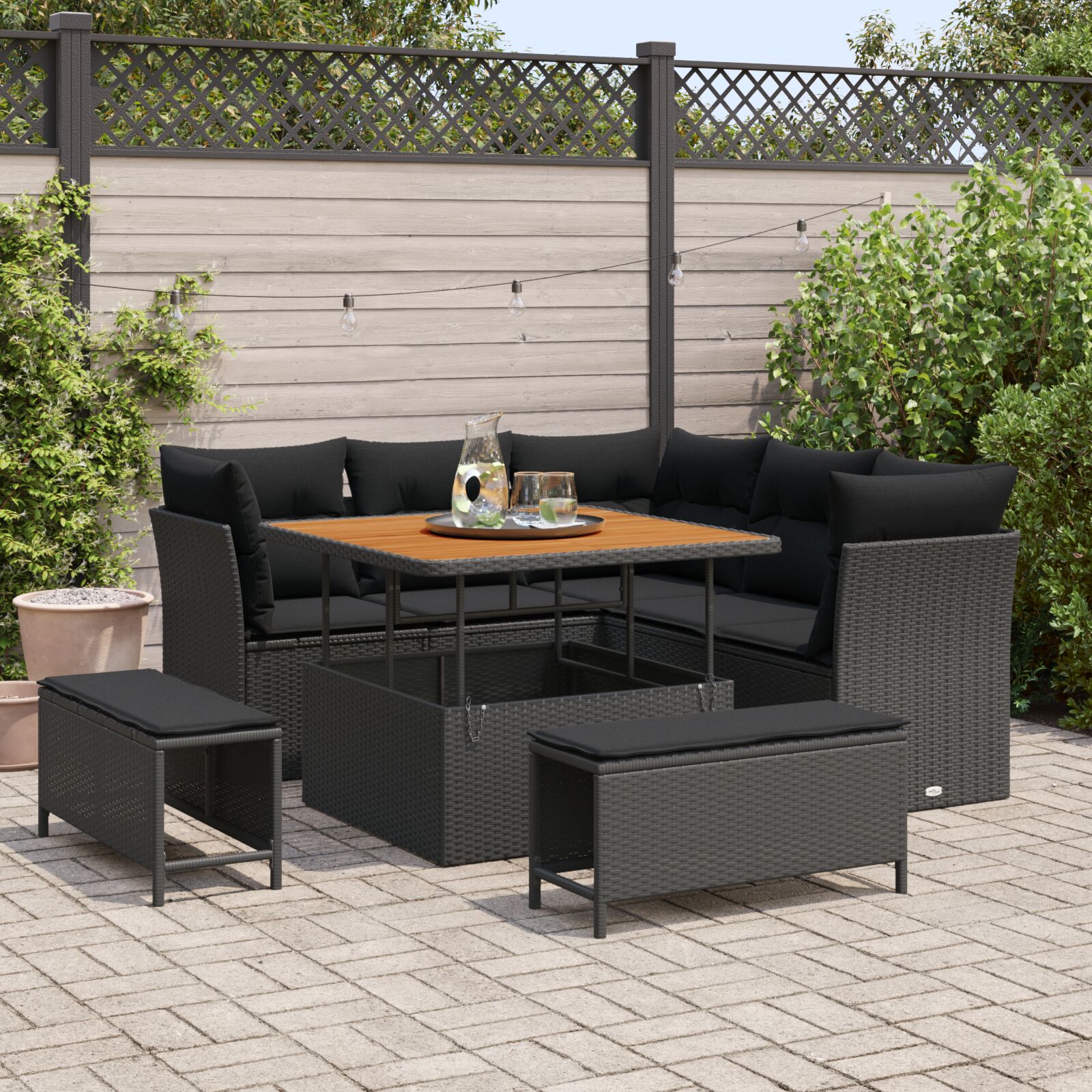8-teiliges Garten Sofa Set mit Kissen Schwarz Poly Rattan Akazie, 3-teiliges Garten Ess-Set mit Kissen Schwarz Poly Rattan Akazie