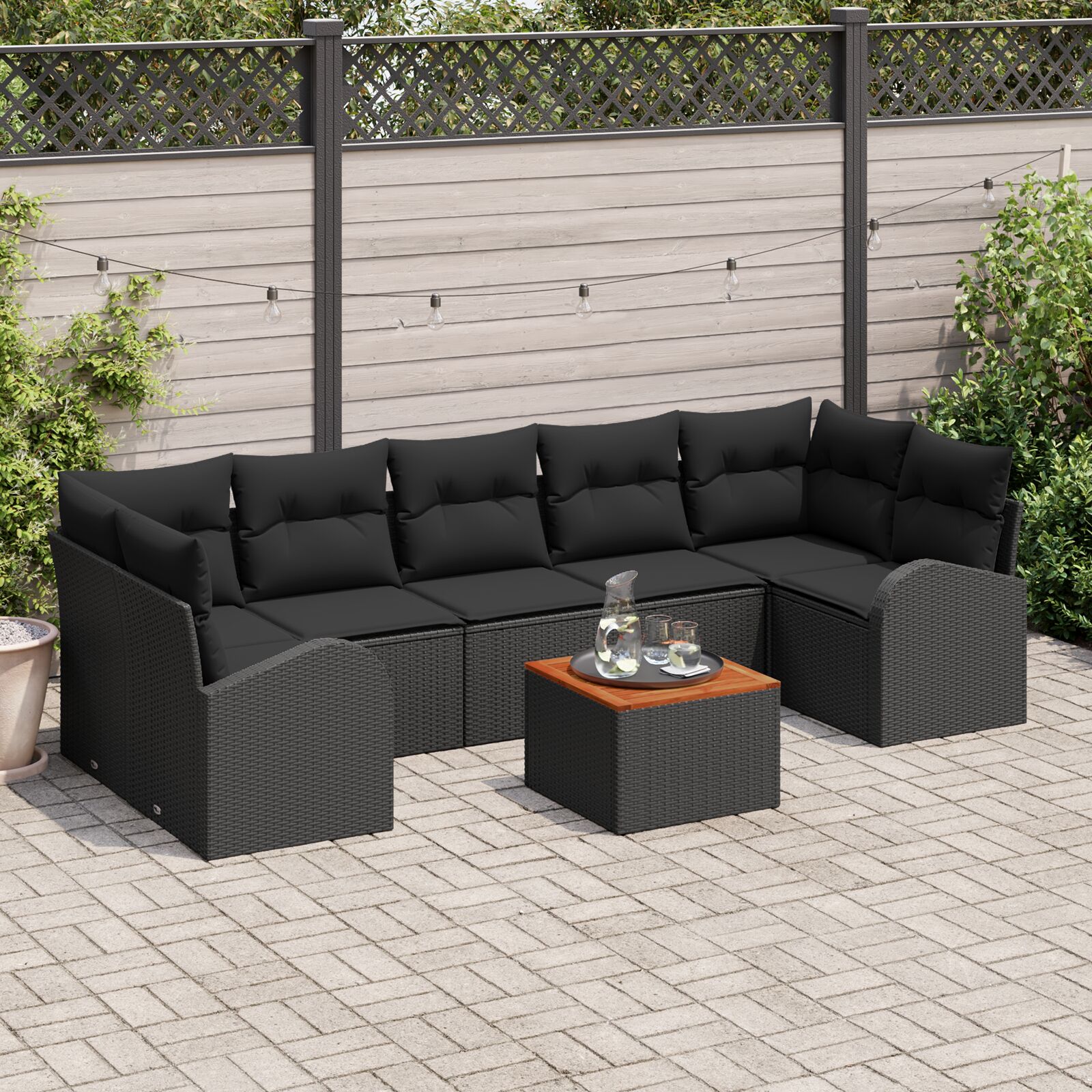 8-teiliges Garten-Sofa-Set mit Kissen Schwarz Poly Rattan Akazie