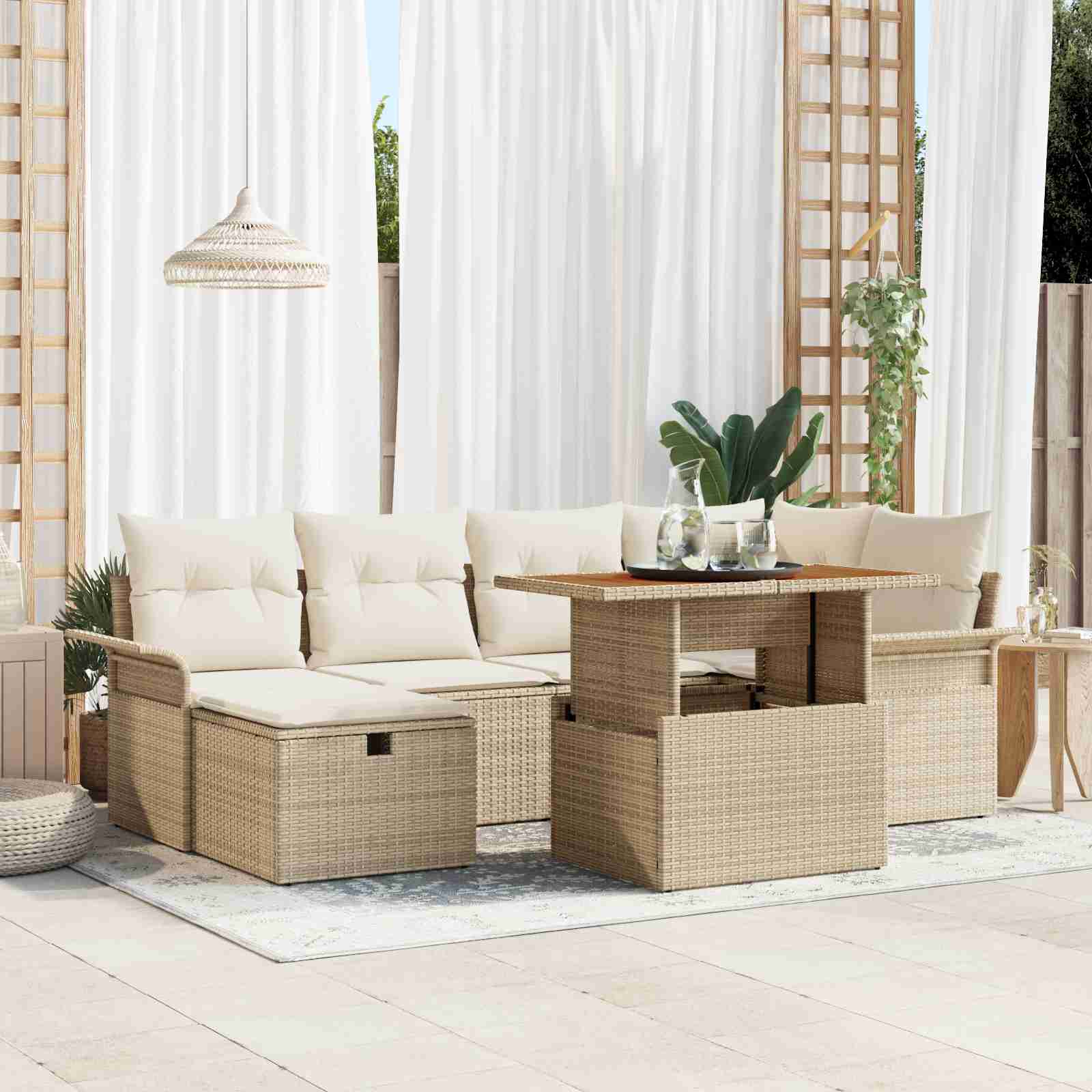 7-teiliges Garten Sofa Set mit Kissen Beige Poly-Rattan
