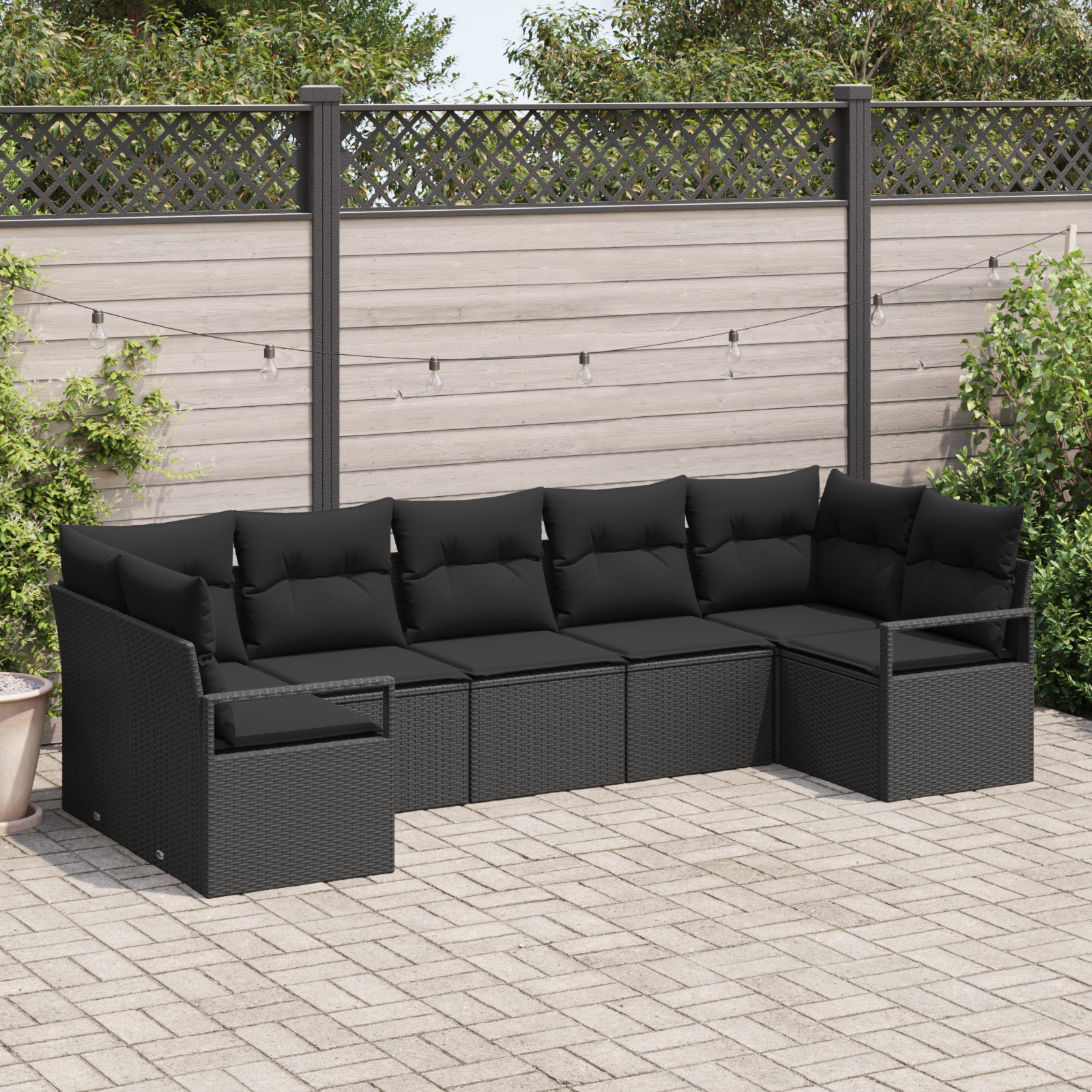 7-teiliges Garten Sofa Set mit Kissen Schwarzes Poly Rattan