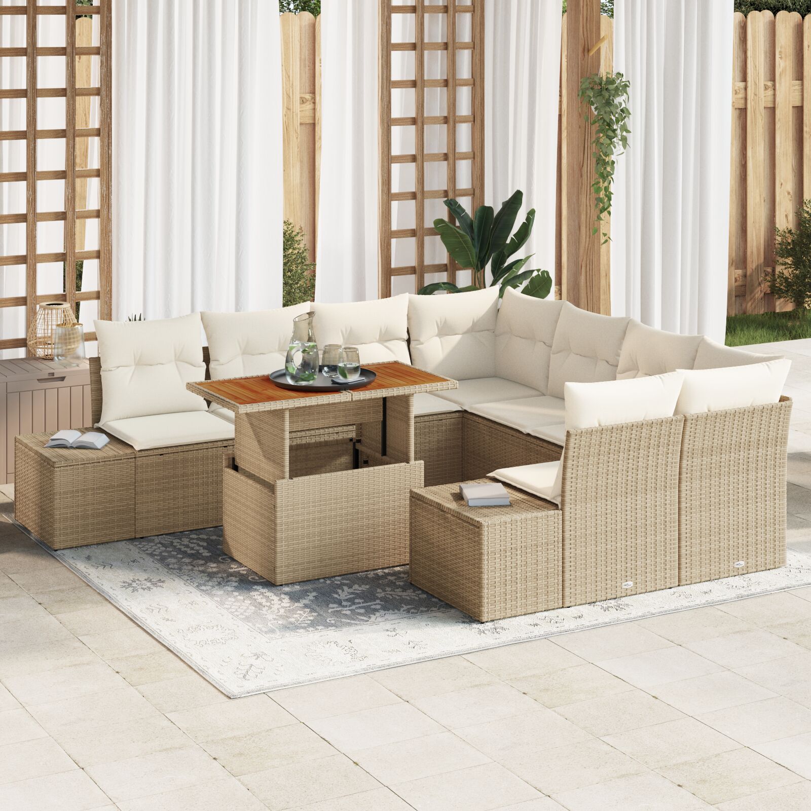9-teiliges Garten-Sofa-Set mit Kissen Beige Poly Rattan 9-teiliges Garten-Sofa-Set mit Kissen Beige Poly Rattan
