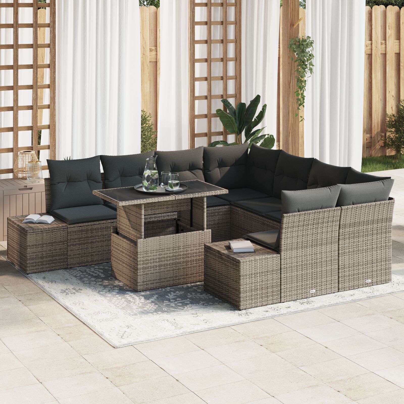 9-teiliges Garten Sofa Set mit Kissen Grau Poly Rattan 9-teiliges Garten Sofa Set mit Kissen Grau Poly Rattan