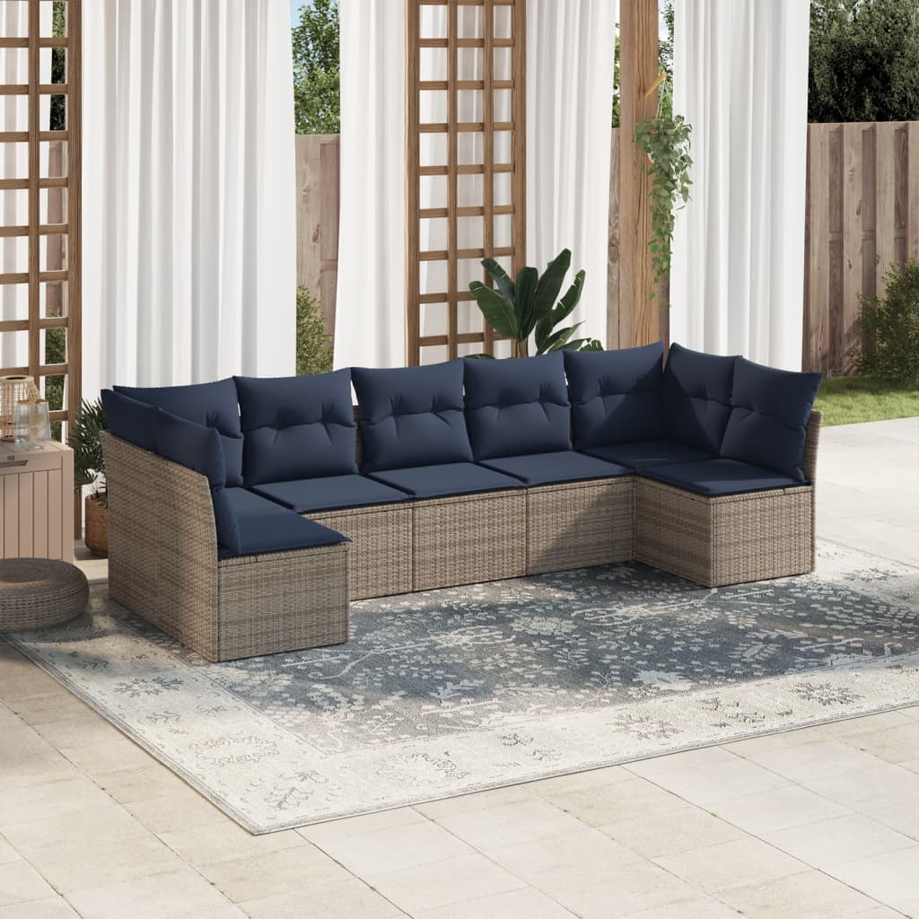 7-tlg. Garten-Sofagarnitur mit Kissen Grau Poly Rattan