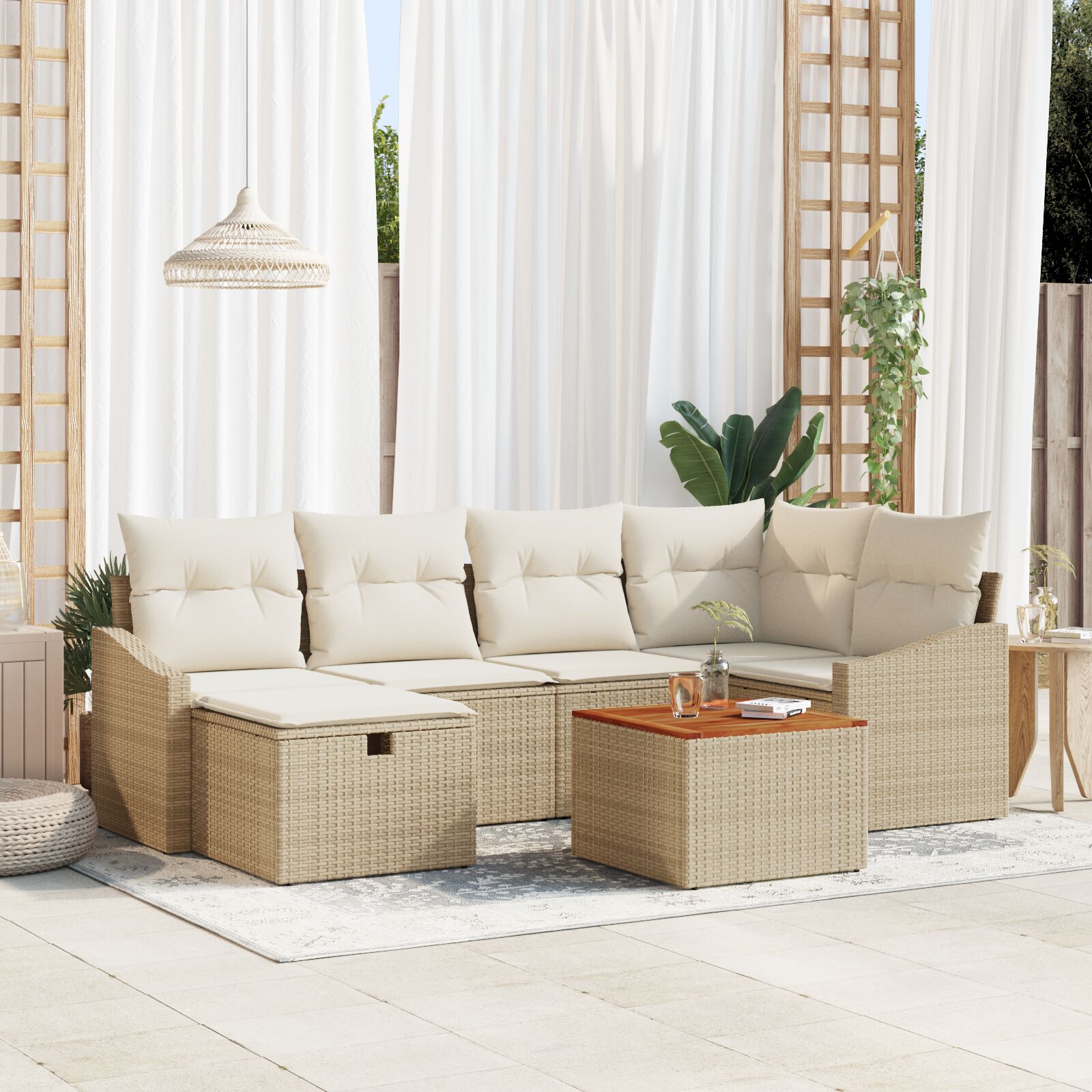 7-teiliges Garten Sofa Set mit Kissen Beige Poly Rattan