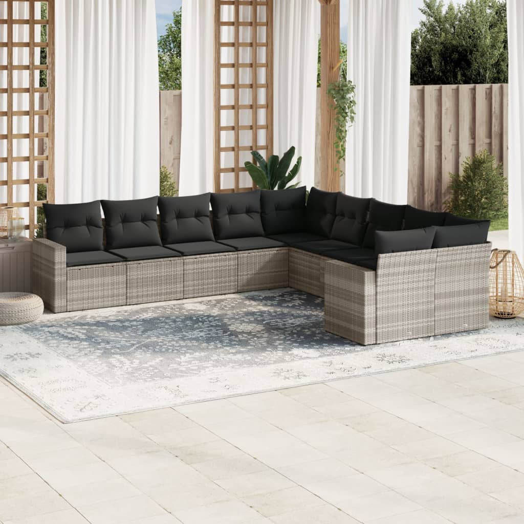 10-tlg. Garten-Sofagarnitur mit Kissen Hellgrau Poly Rattan 10-tlg. Garten-Sofagarnitur mit Kissen Hellgrau Poly Rattan