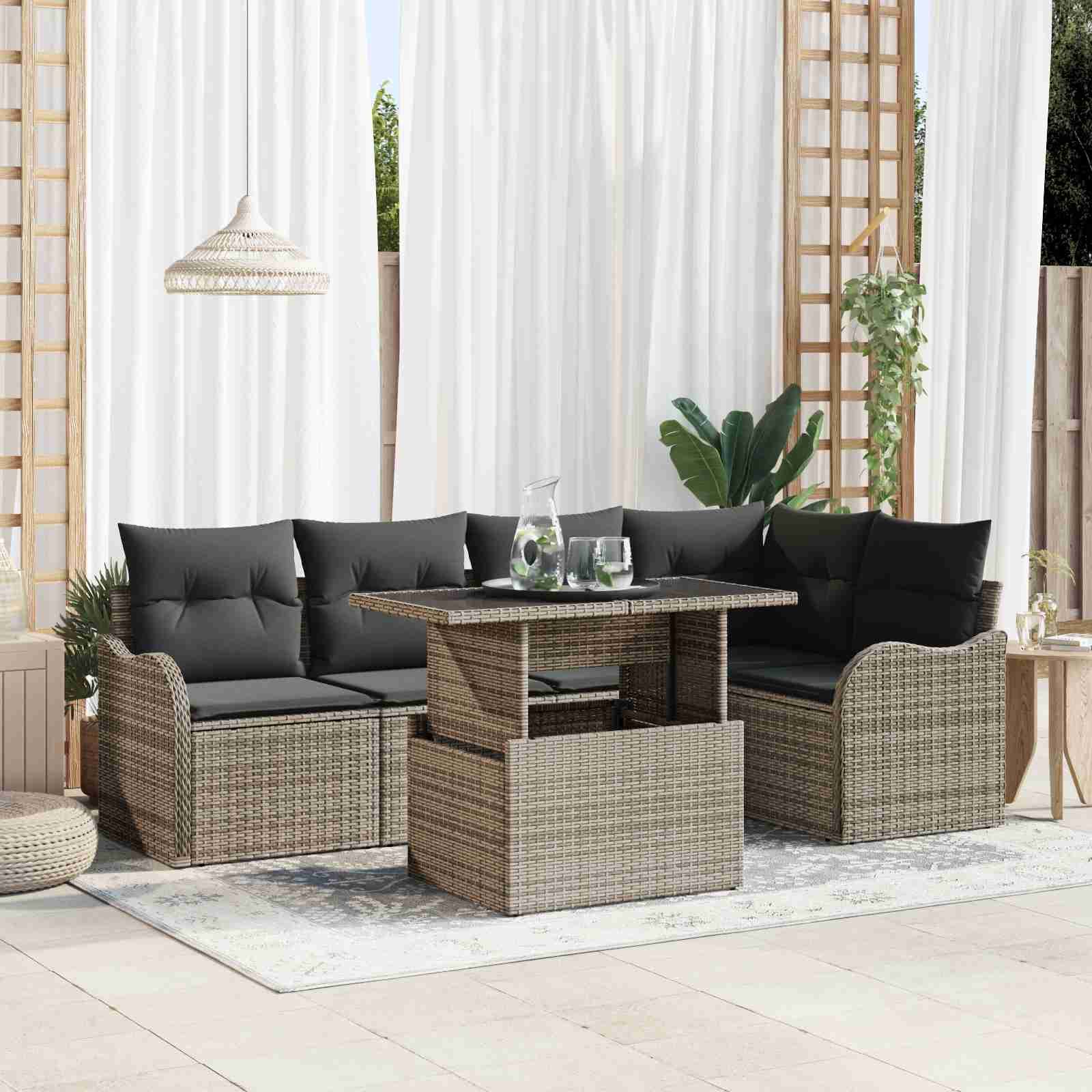 6-teiliges Garten Sofa Set mit Kissen Grau Poly Rattan 6-teiliges Garten Sofa Set mit Kissen Grau Poly Rattan