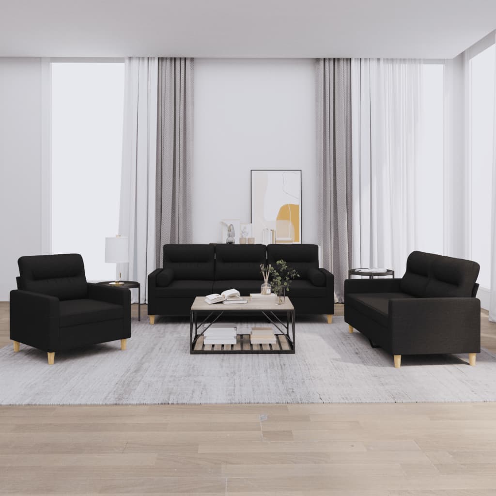 3-tlg. Sofagarnitur mit Kissen Schwarz Stoff 3-tlg. Sofagarnitur mit Kissen Schwarz Stoff
