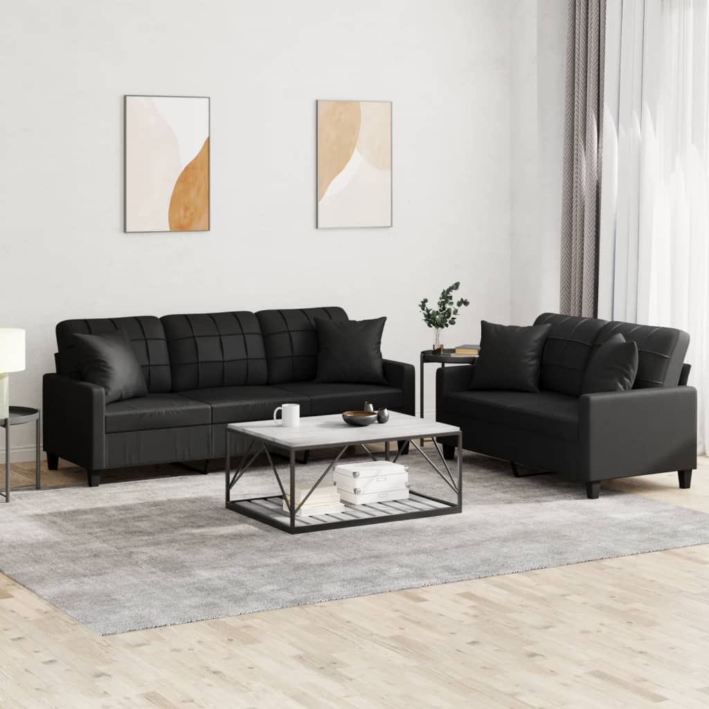 2-tlg. Sofagarnitur mit Kissen Schwarz Kunstleder 2-tlg. Sofagarnitur mit Kissen Schwarz Kunstleder