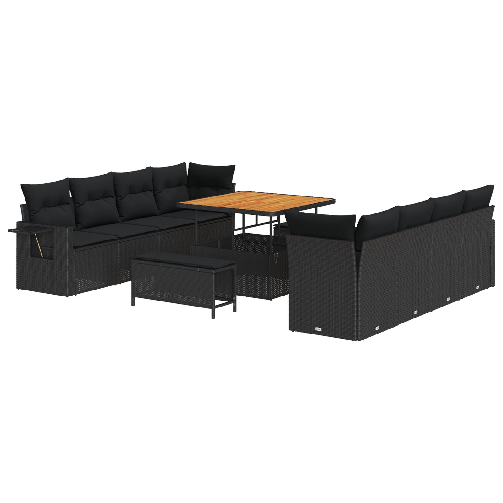 11-teiliges Garten Sofa Set mit Kissen Schwarz Poly Rattan Akazie, 3-teiliges Garten Ess-Set mit Kissen Schwarz Poly Rattan Akazie