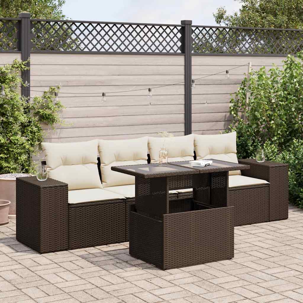 5-tlg. Garten-Sofagarnitur mit Kissen Braun Poly Rattan 5-tlg. Garten-Sofagarnitur mit Kissen Braun Poly Rattan