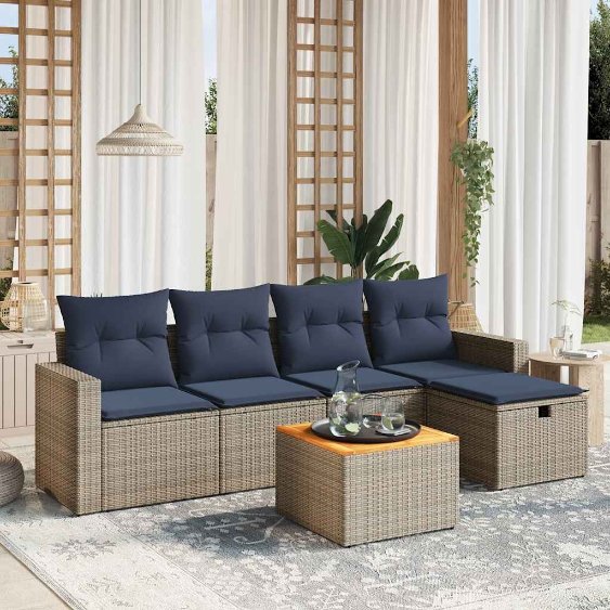 6-teiliges Gartensofa-Set mit Kissen, grau, Polyrattan