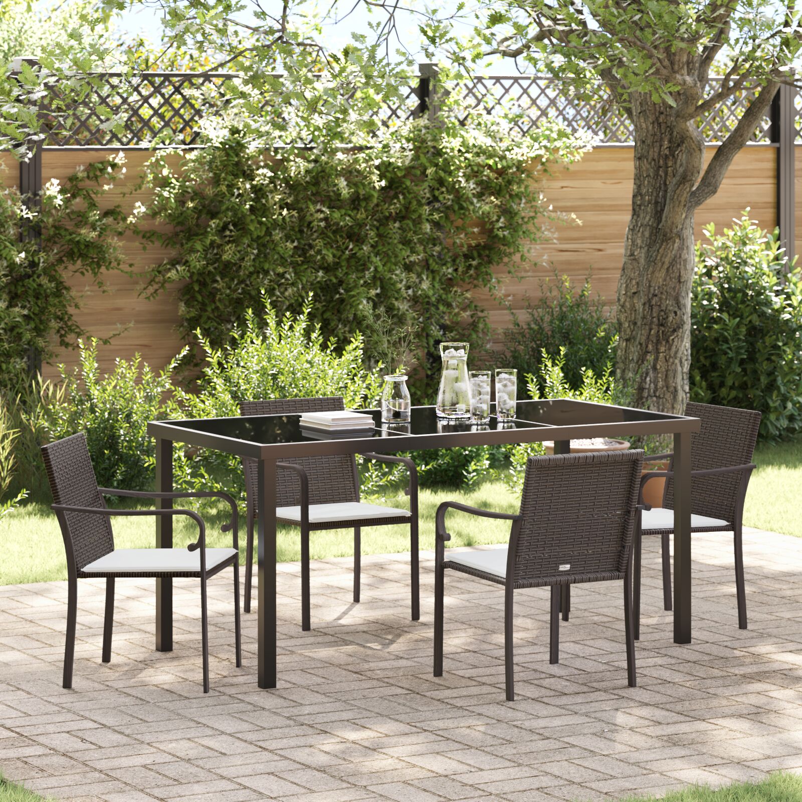 vidaXL 5-teiliges Garten-Esszimmer-Set mit Kissen in Braun aus Poly Rattan vidaXL 5-teiliges Garten-Esszimmer-Set mit Kissen in Braun aus Poly Rattan